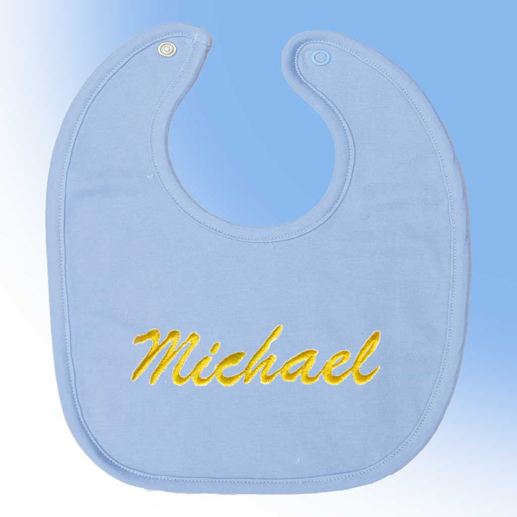 Blue bib with baby name