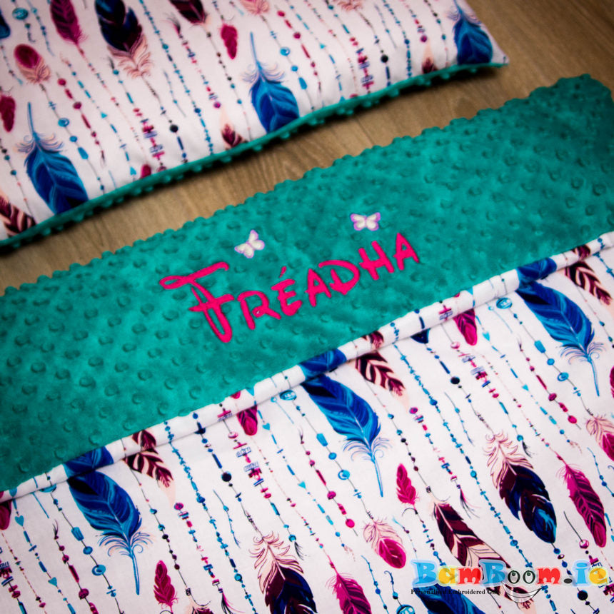 Personalised Baby Girl Blanket Featjer and Teal Colour