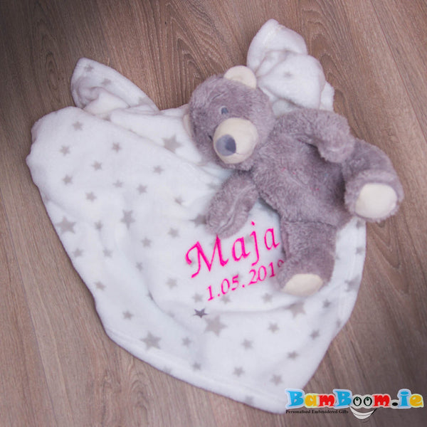 teddy bear with blanket and baby name